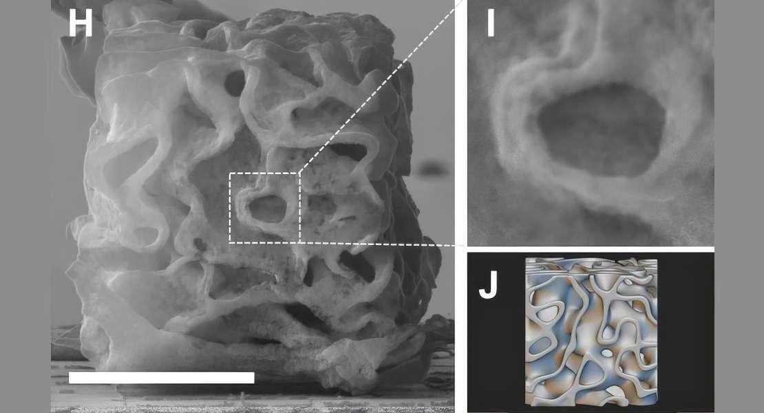 Un'immagine SEM di un'altra nanoarchitettura di nichel fabbricata dal laboratorio Greer (barra della scala = 5 micron). Questo esempio è una nanoarchitettura di tipo spinodale. Il riquadro I mostra una vista ingrandita dell'area tratteggiata di 2 micron x 2 micron in H. J mostra il modello CAD della struttura basato sull'immagine SEM.